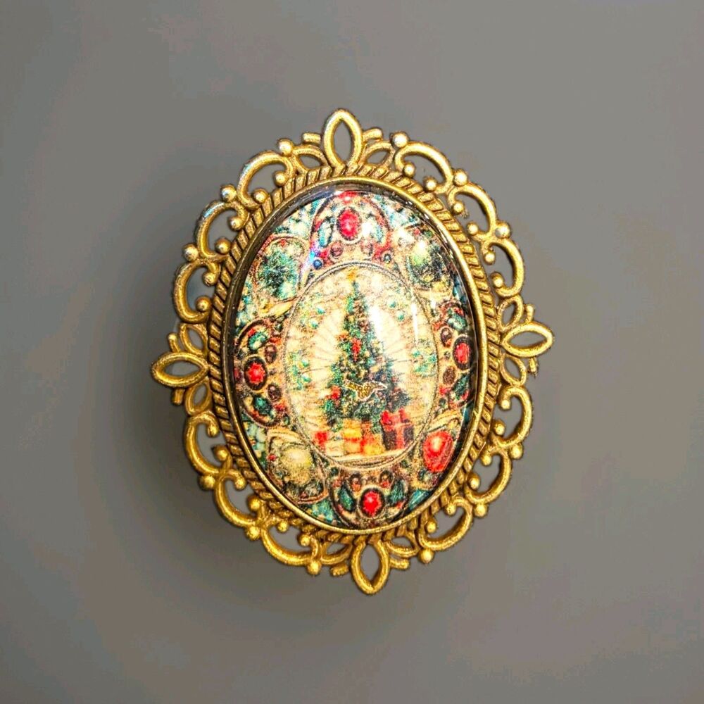Vtg Oval Christmas Tree Cameo Style Brooch Pin Gold Tone Filigree Multicolor
